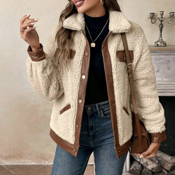 Jackets & Blazers - Women's Casual Warm PU Patchwork Fluffy Pocket Jacket, Autumn/Winter